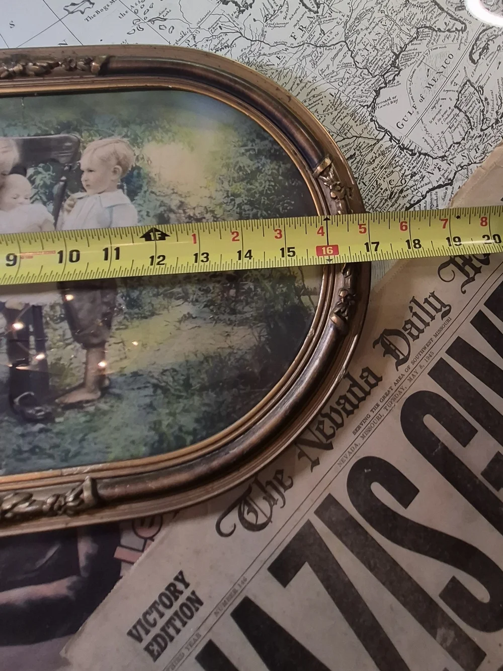 Ornate Oval Picture Frame in Bronze Finish with Vintage Family Print Convex Glas